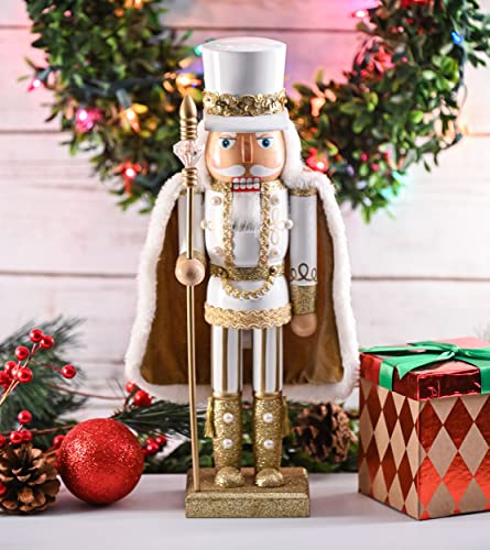 Ornativity Christmas Gold King Nutcracker – Gold and White Glittered Wooden Nutcracker Man Fur Cape and Staff in Hand Xmas Themed Holiday Nut Cracker Doll Figure Decorations 14