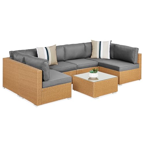 Best Choice Products 7-Piece Modular Outdoor Sectional Wicker Patio Conversation Set w/ 2 Pillows, Coffee Table, Cover Included - Gray/Navy