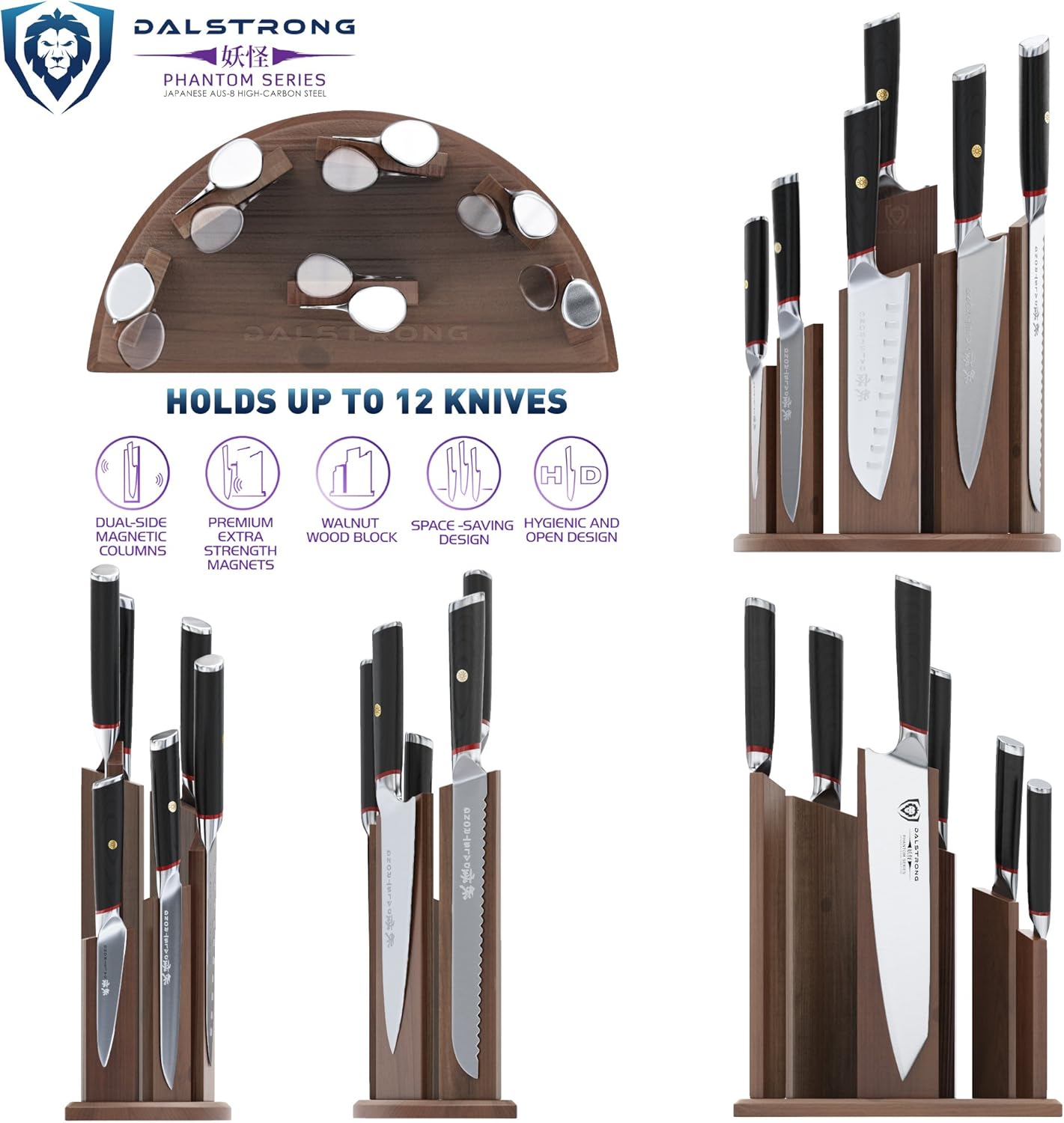 DALSTRONG Knife Block Set - 6-Piece w/Magnetic Knife Stand - Phantom Series - Japanese High-Carbon - AUS8 Steel - Pakkawood Handle