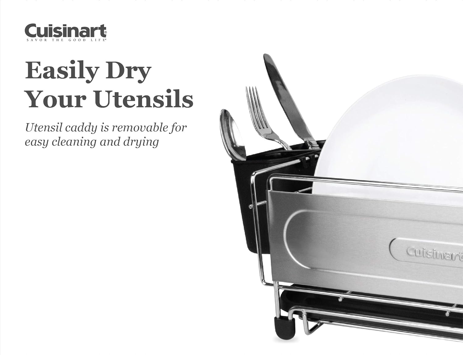 Cuisinart Stainless Steel Dish Drying Rack – includes Wire Dish Drying Rack, Utensil Caddy, Draining Board, Stemware Holder, and Non-Slip Cup Holders, 14.4” x 12” x 6”- Stainless Steel/Black