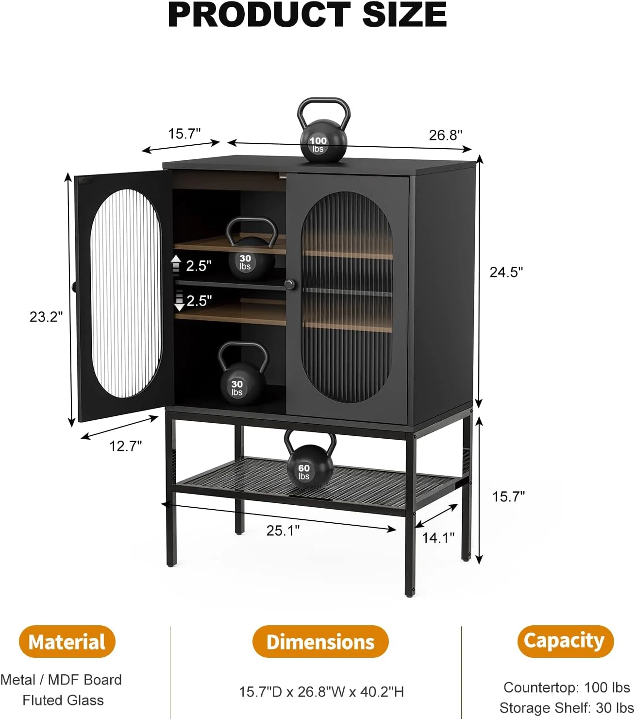 IKIFLY Glass Accent Sideboard Buffet Cabinet w/LED Lights, Modern Black Storage Cabinet with Adjustable Wide Shelf and Open Storage Space for Entryway Dining Room Living Room Bathroom