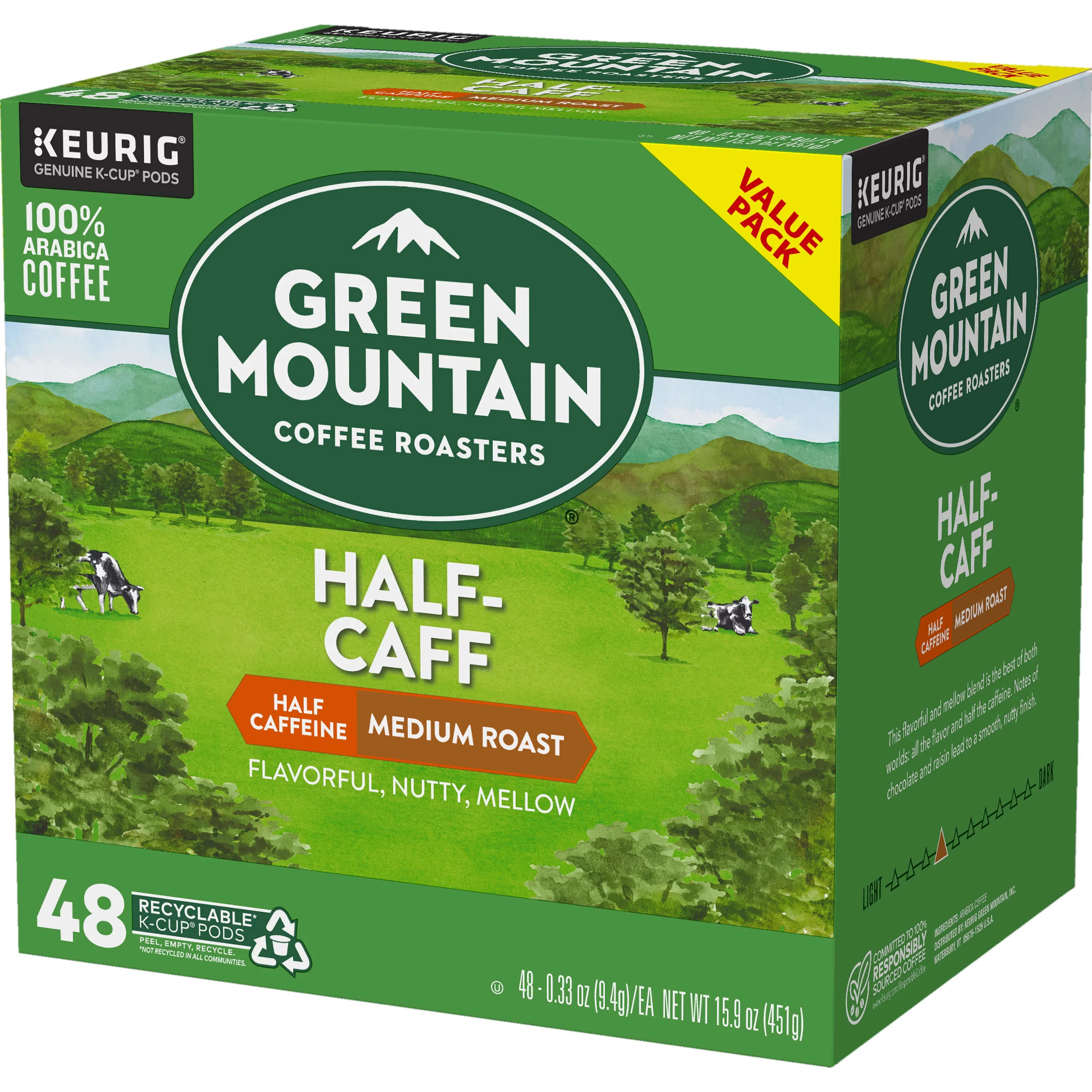 Green Mountain Coffee Half Caff Keurig Single-Serve K-Cup pods, Medium Roast Coffee, 48 Count