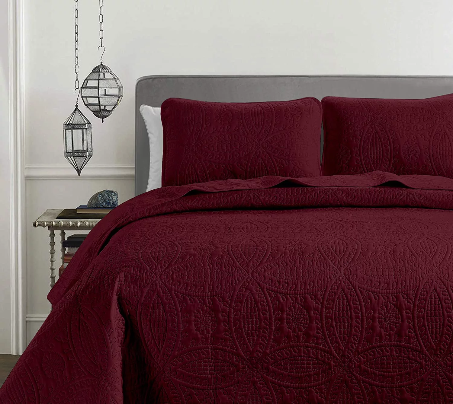 Chezmoi Collection Austin 3-Piece Oversized Bedspread Coverlet Set, Burgundy, King