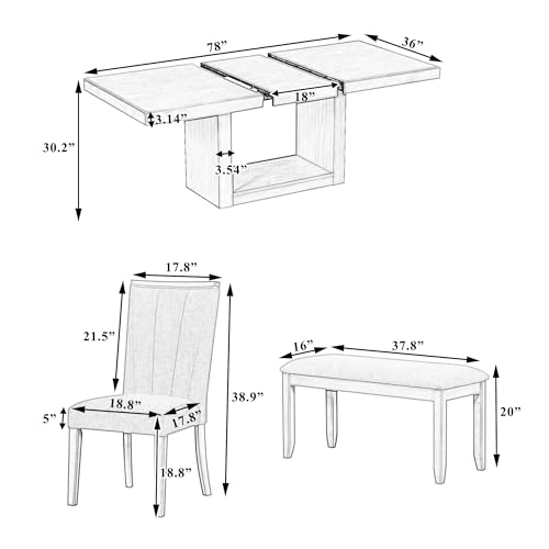 Merax 6-piece Dining Table Set of 4 Upholstered Chairs & 1 Bench Farmhouse Kitchen Furniture Sets with 78inch Extendable Pedestal, Removable Leaf & Natural Rubber Wood Grain Pattern Tabletop, Beige