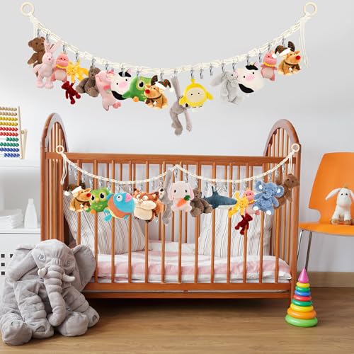 2pcs Stuffed Animal Storage Chain - Boho Stuffed Animal Hammock with 40pcs Metal Clips, Stuff Animal Organizer Hanging Storage for Kids Bedroom Wall Door Display