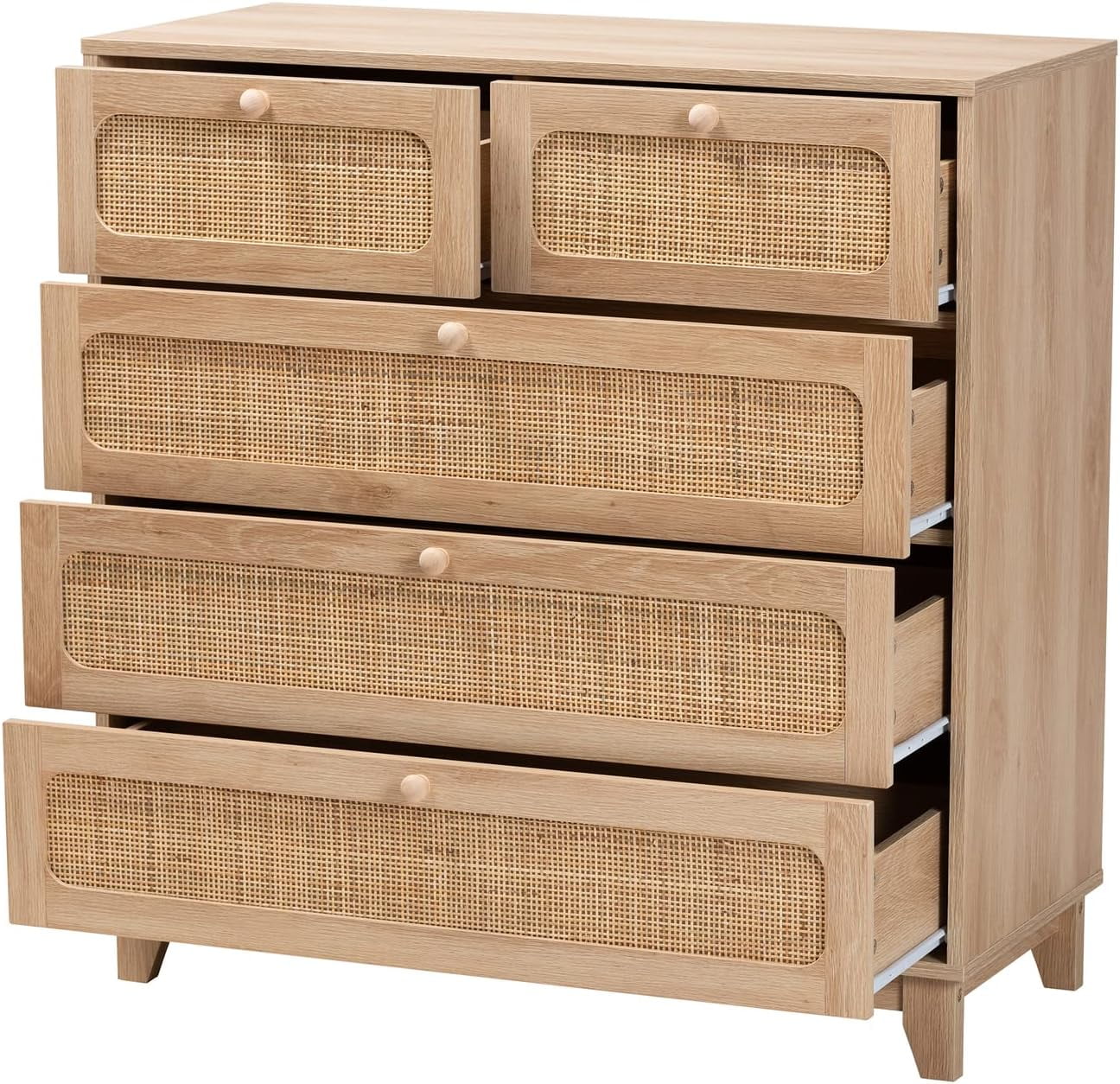 NLIBOOMLife Elsbeth Oak Brown Wood and Natural Rattan 5-Drawer  Cabinet