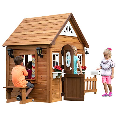 Backyard Discovery Aspen Cedar Wooden Kids Playhouse Cottage with Play Kitchen, Snack Bar, Picnic Bench, Dinner Bell, Mailbox, Dutch Door, Flowerpot Holders, Toy Lights, Country Style for Outdoor Play