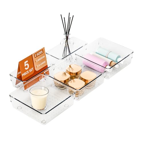 21 PCS Clear Plastic Drawer Organizer Set, 5 Sizes Acrylic Drawer Storage Trays Non Slip Storage Bins for Makeup, Jewelry, Gadgets for Kitchen, Bedroom, Bathroom, Office (21)