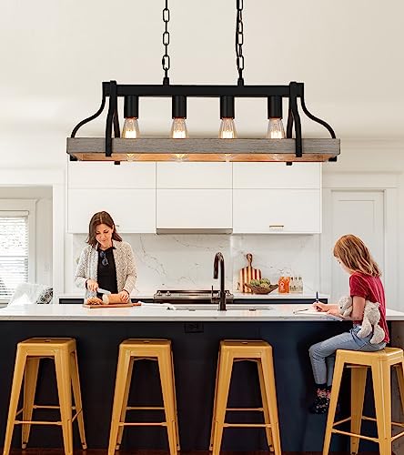 Rustic Kitchen Island Dining Room Light Fixture Farmhouse Linear Chandelier Black and Retro Wood Finish 4-Light Industrial Metal Hanging Pendant Light UL Listed L28.3 W10.6