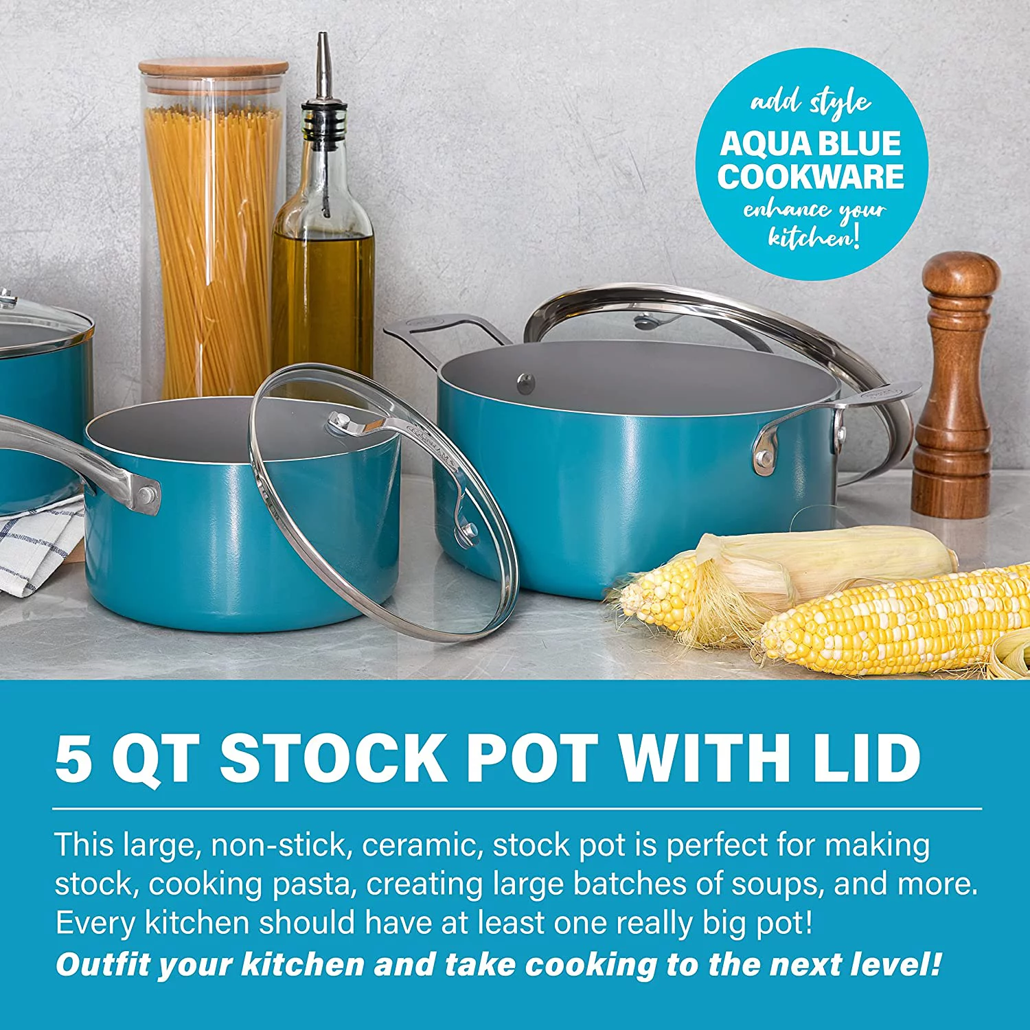 GOTHAM STEEL Aqua Blue Nonstick Multipurpose 5 Quart Stock Pot with Glass Lid