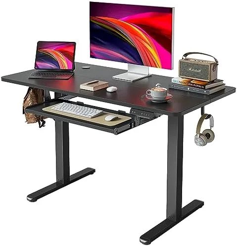 KHBIULIFE Electric Standing Desk  55 x 24 Inches Height Adjustable with Keyboard Tray  Ergonomic Workstation for Home Office  White Frame/Light Rustic Brown Top