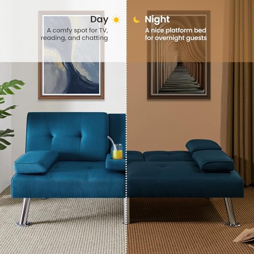 Yaheetech Convertible Sofa Bed Adjustable Fabric Couch Sleeper Modern Recliner Reversible Loveseat Folding Daybed Guest Bed, Removable Armrests, Cup Holders, 3 Angles, 772lb Capacity, Dark Gray