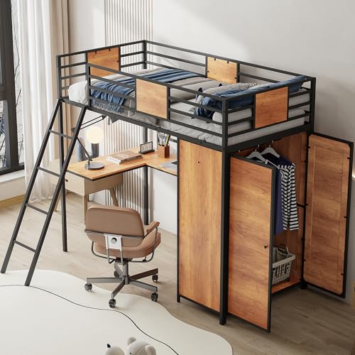Twin Loft Bed with Desk and Storage Shelf, Twin Size Loft Bed with Wardrobe and L-Shaped Desk, Heavy Duty Loft Bed with Ladder and Guardrail(Twin Loft Bed Black)