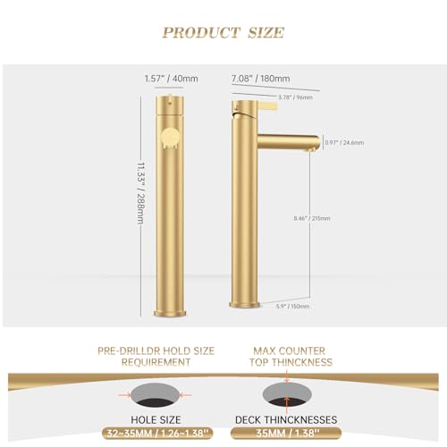 Phiestina Brushed Gold One Hole High Bathroom Vessel Sink Faucet, Single Hole Single Handle Tall Bathroom Faucet, with Pop Up Drain and Water Supply Line,FH01-BG-V