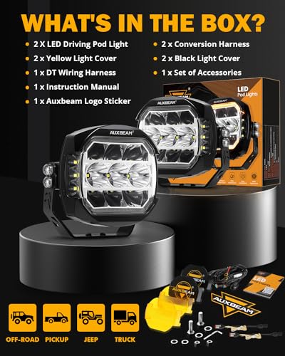 Auxbeam V-MAX Series 72W LED Pod Driving Lights, 4x2.5 Inch Rectangle Side Shooter Offroad Cube Spotlights with Amber DRL, 270° Combo Beam 6 Modes White/Amber/Yellow Auxiliary Lights with Covers