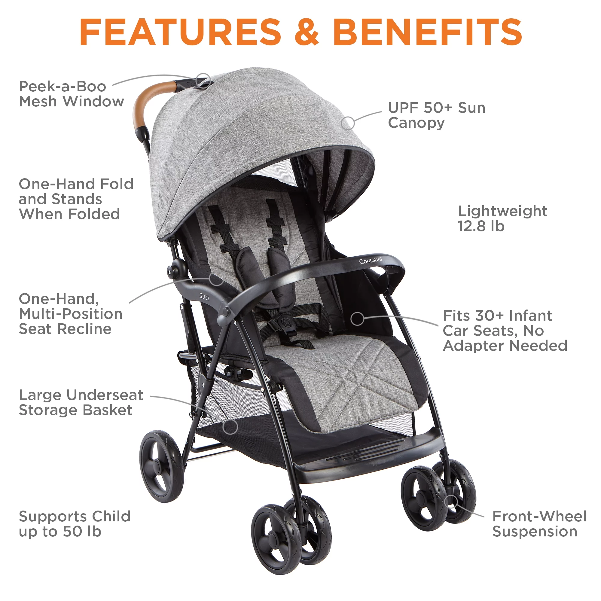 Contours Quick® Lightweight Travel Stroller, Compact Newborn Stroller, Gray