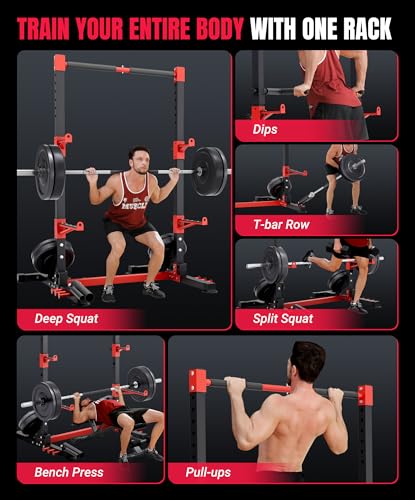 YOLEO Squat Rack with Adjustable Pull-Up Bar & Extended Safety Arms, Multi-Functional Power Racks Squat Stand for Home Gym, Garage & Basement, 35