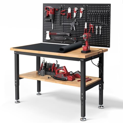 48 Inch Work Table for Garage Adjustable Height Rubber Wood Tabletop Workbench with Storage Work Bench Table with Power Outlets Pegboard Pad for Woodworking Shop Home Office