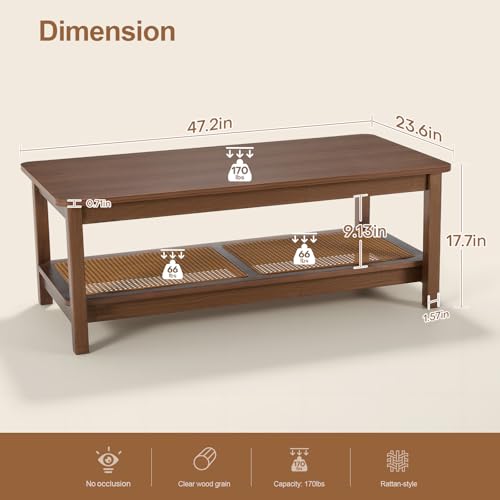 BECHAEO 47.2'' Boho Coffee Table with Solid Wood Legs & PE Rattan Shelf, 2-Tier Mid Century Modern Center Table Rustic Rectangle Wood Coffee Table for Living Room, Natural