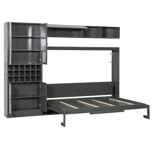 P PURLOVE Queen Murphy Bed with Sofa and Shelves, Wooden Wall Bed with USB and Light, No Box Spring Needed (White)