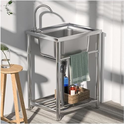 Free Standing Single Bowl Kitchen Sink, Stainless Steel Utility Sink with Cold and Hot Water Pipe for Kitchen, Garage, Backyard