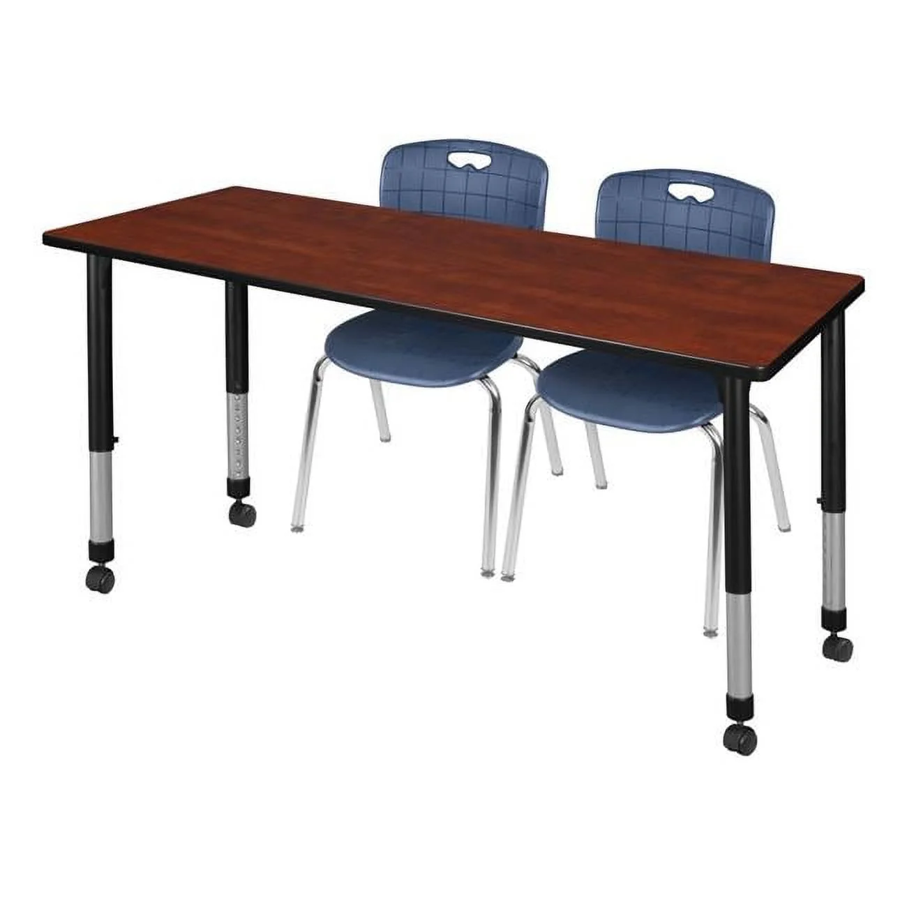 60 x 30 in. Kee Height Adjustable Mobile Classroom Table, Cherry & 2 Andy 18 in. Stack Chairs - Navy Blue