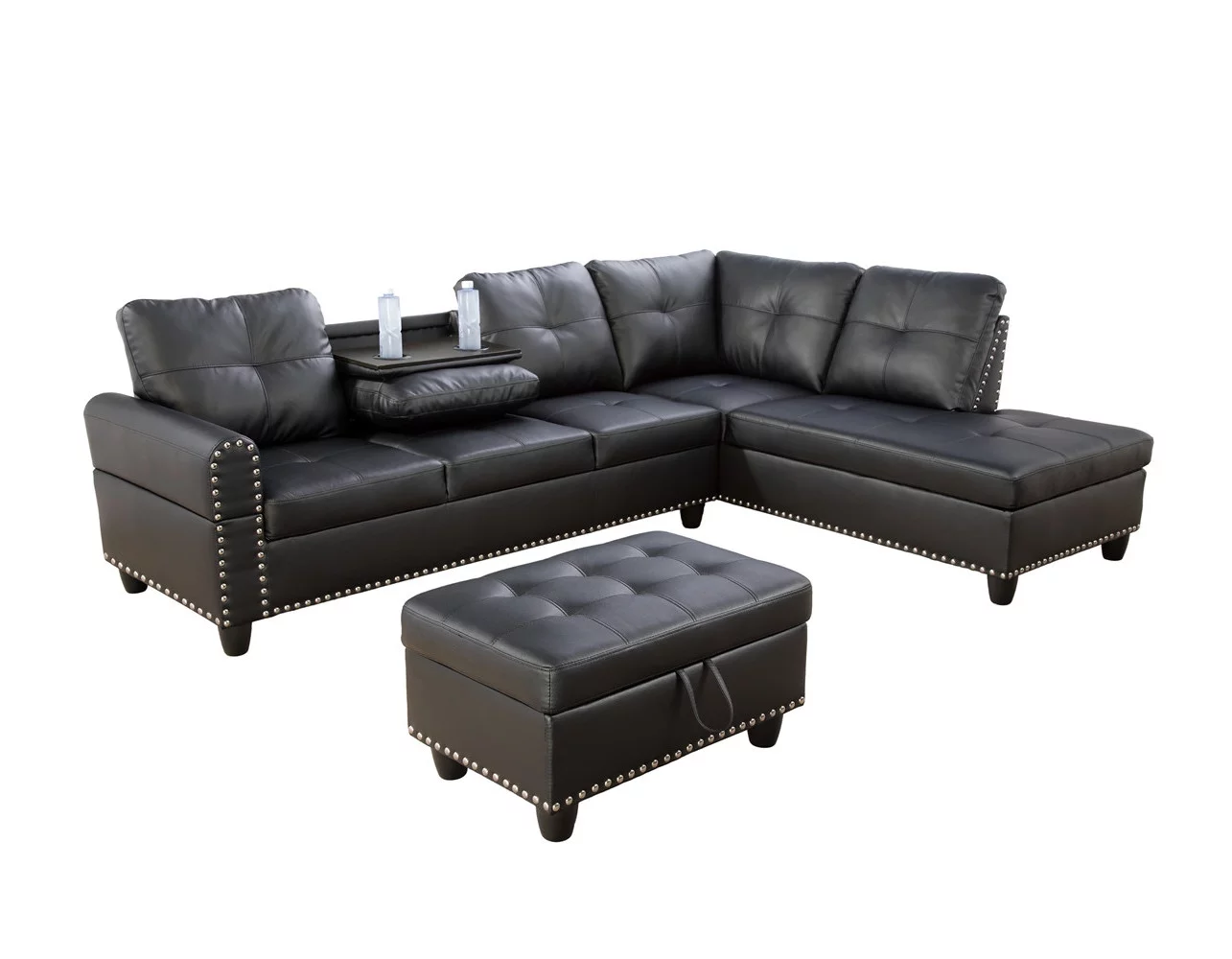 PonLiving Furniture Room Sectional Set, Leather Sectional Sofa in Home, with Storage Ottoman and Matching Pillows Right Hand Facing Black