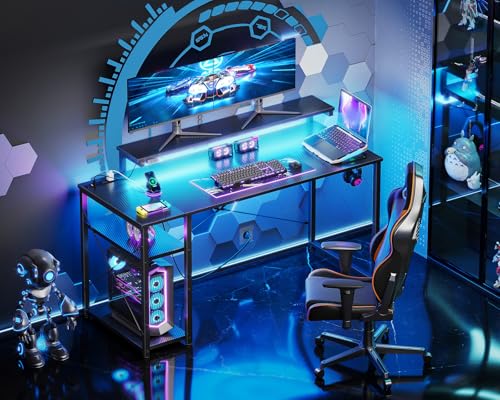 MOTPK Gaming Desk with Led Lights & Power Outlet, 40 Inch Small Gaming Computer Desk with Shelves, Reversible Gamer Desk with Adjustable Monitor Stand & Headphone Hook, Carbon Fiber Texture Pink