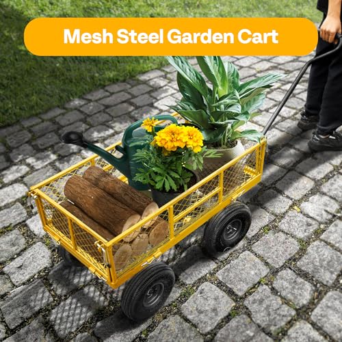 VIVOHOME Heavy Duty 880 Lbs Capacity Mesh Steel Garden Cart Folding Utility Wagon with Removable Sides and 4.10/3.50-4