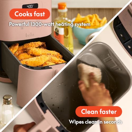 bella 4Qt Slim Air Fryer, Fits-anywhere™ Kitchenware, EverGood™ Ceramic Nonstick Coating, Adjustable Temperature, 6 Preset Cooking Options, 60 Min Auto Shutoff w Audible Tone, 3.3lb Capacity, Oatmilk