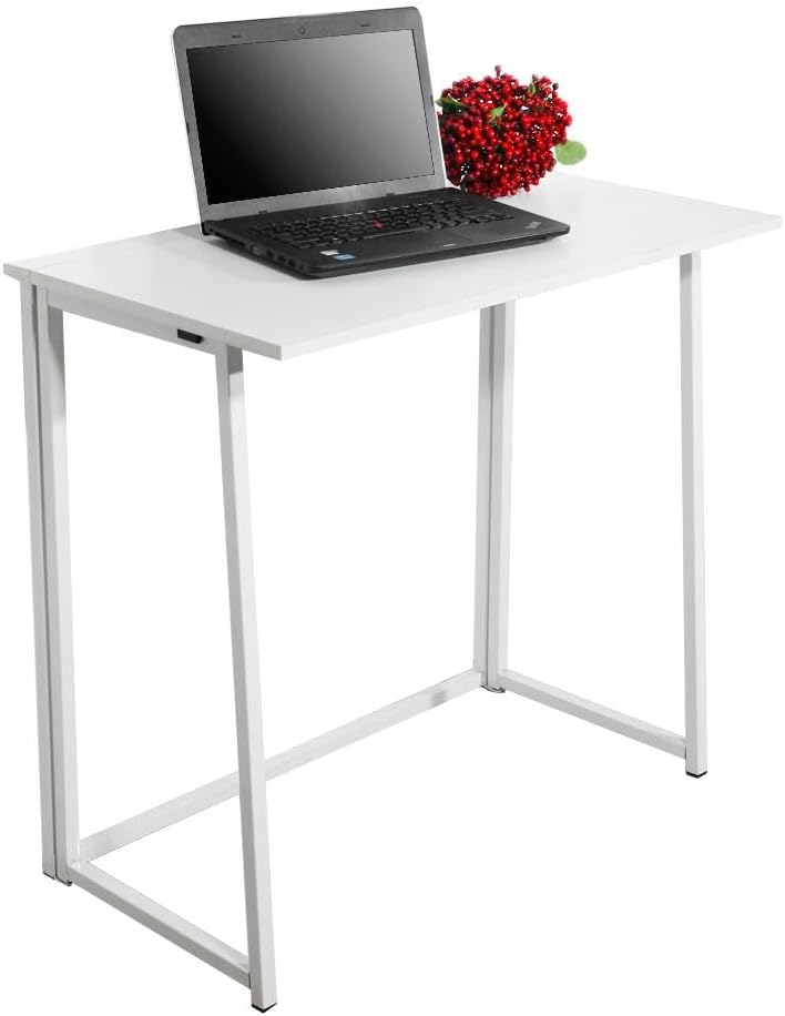 [Product: Simple Collapsible Computer Desk White Compact & Portable Folding Workstation Adjustable Writing & Study Table for Office & Home Space-Saving Minimalist Design]