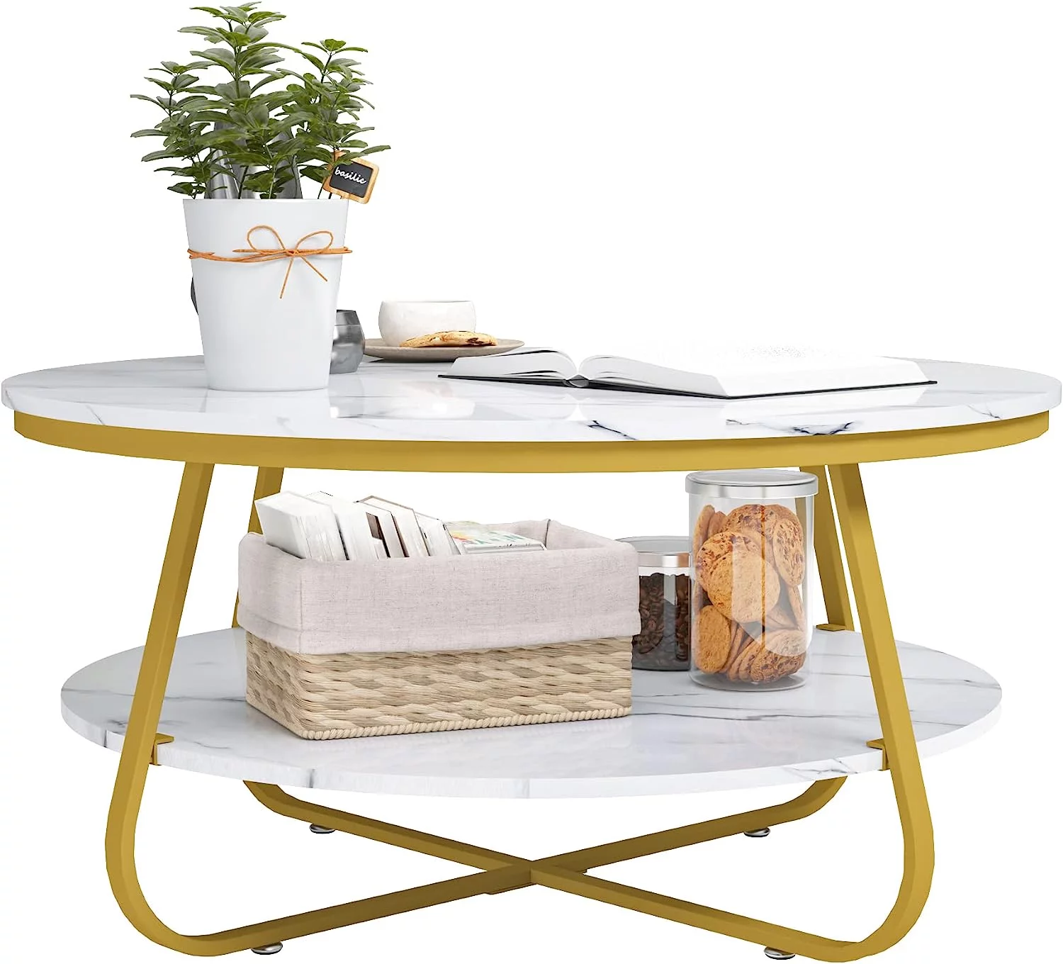 Round Coffee Table with Storage  35.8 Inch Industrial Wood Coffee Table with Metal Frame for Living Room (Rustic Brown)