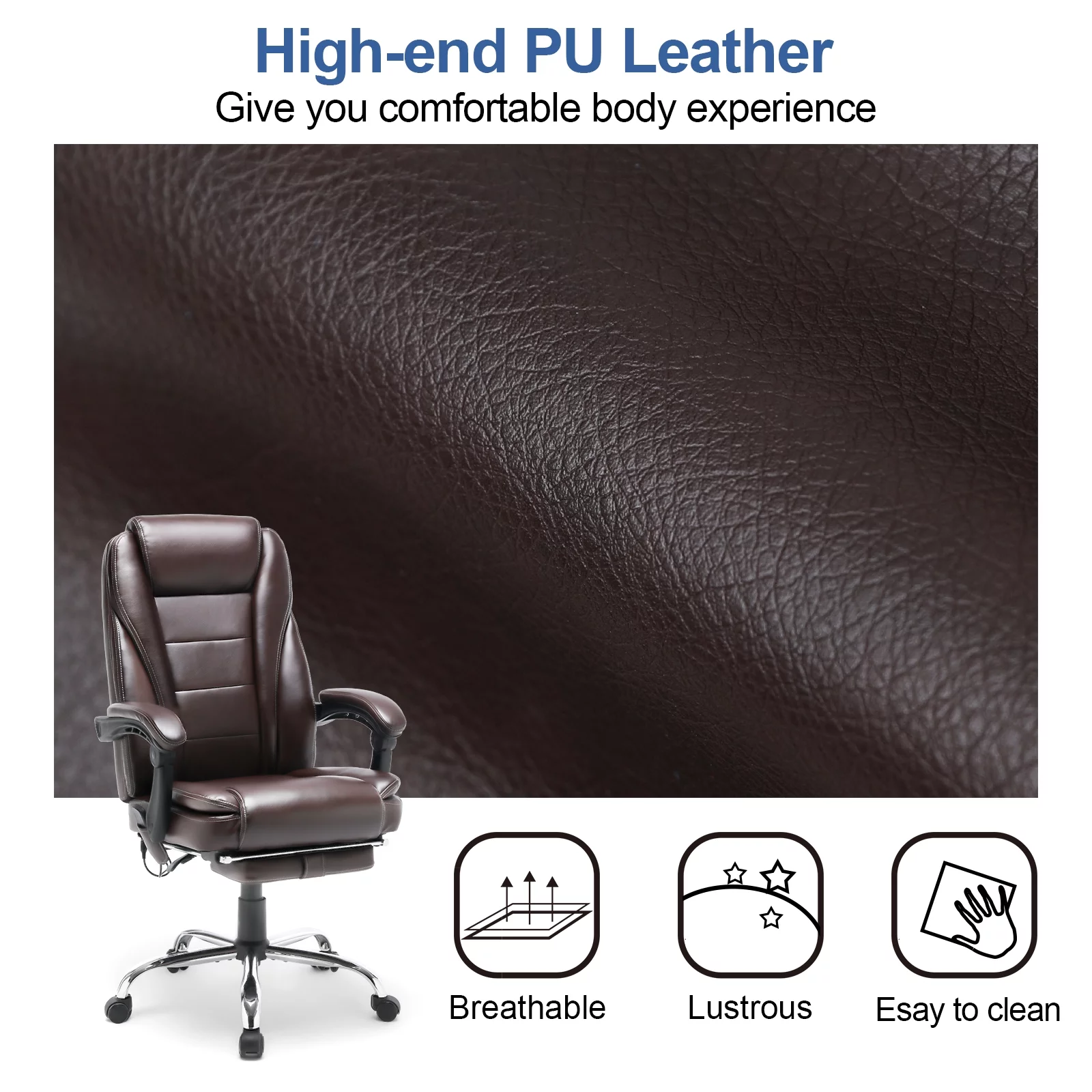 Homrest Executive Massage Office Chair, Ergonomic High Back Cushion, PU Leather Computer Desk Chair with Footrest, Padded Armrest, Adjustable Height, Brown