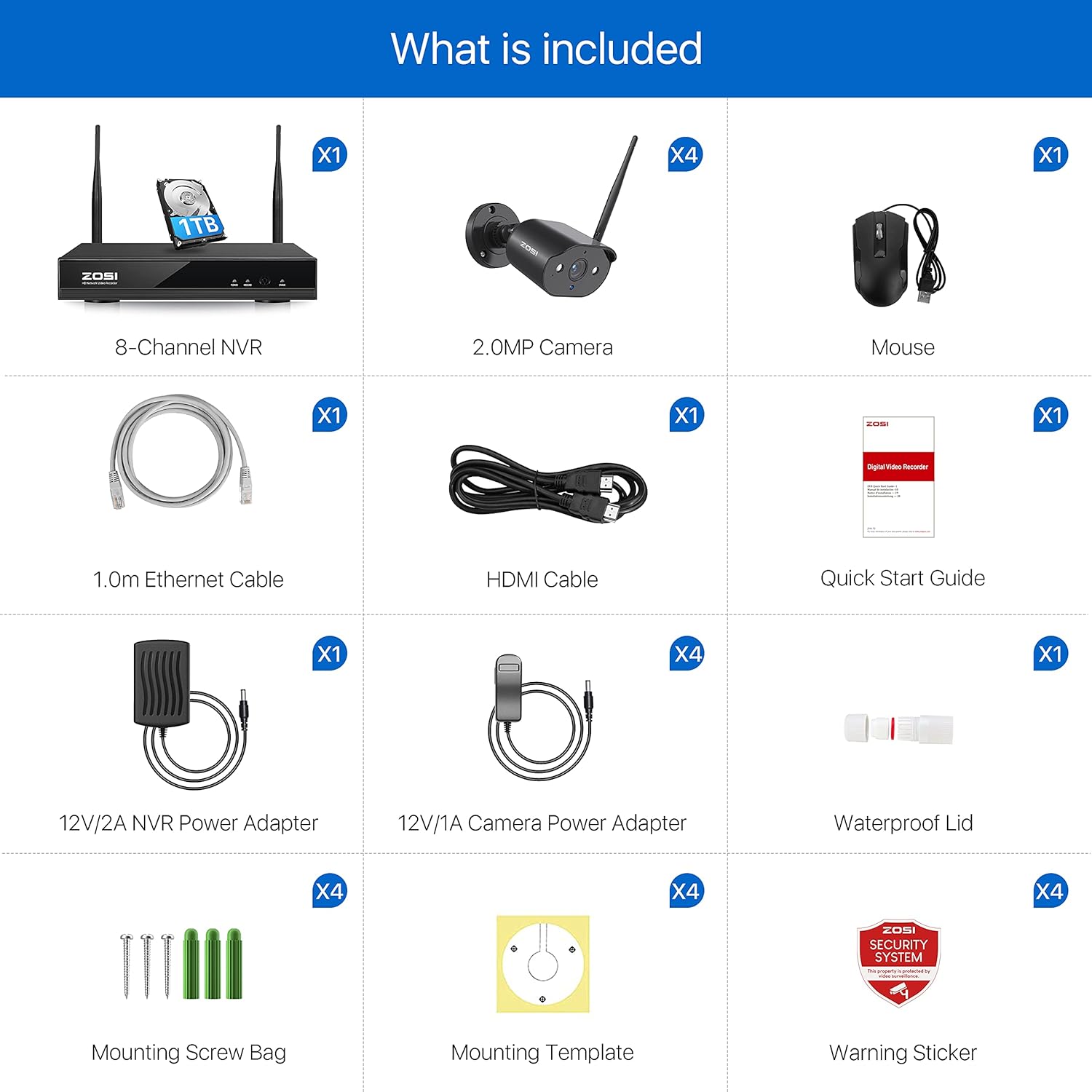 ZOSI Wireless Security Camera System, 2K H.265+ 8 Channel CCTV NVR with Hard Drive 1TB and 4pcs 1080P WiFi IP Camera Outdoor Indoor with Spot Light & Sound Alarm, 2-Way Audio,Human Motion Alerts