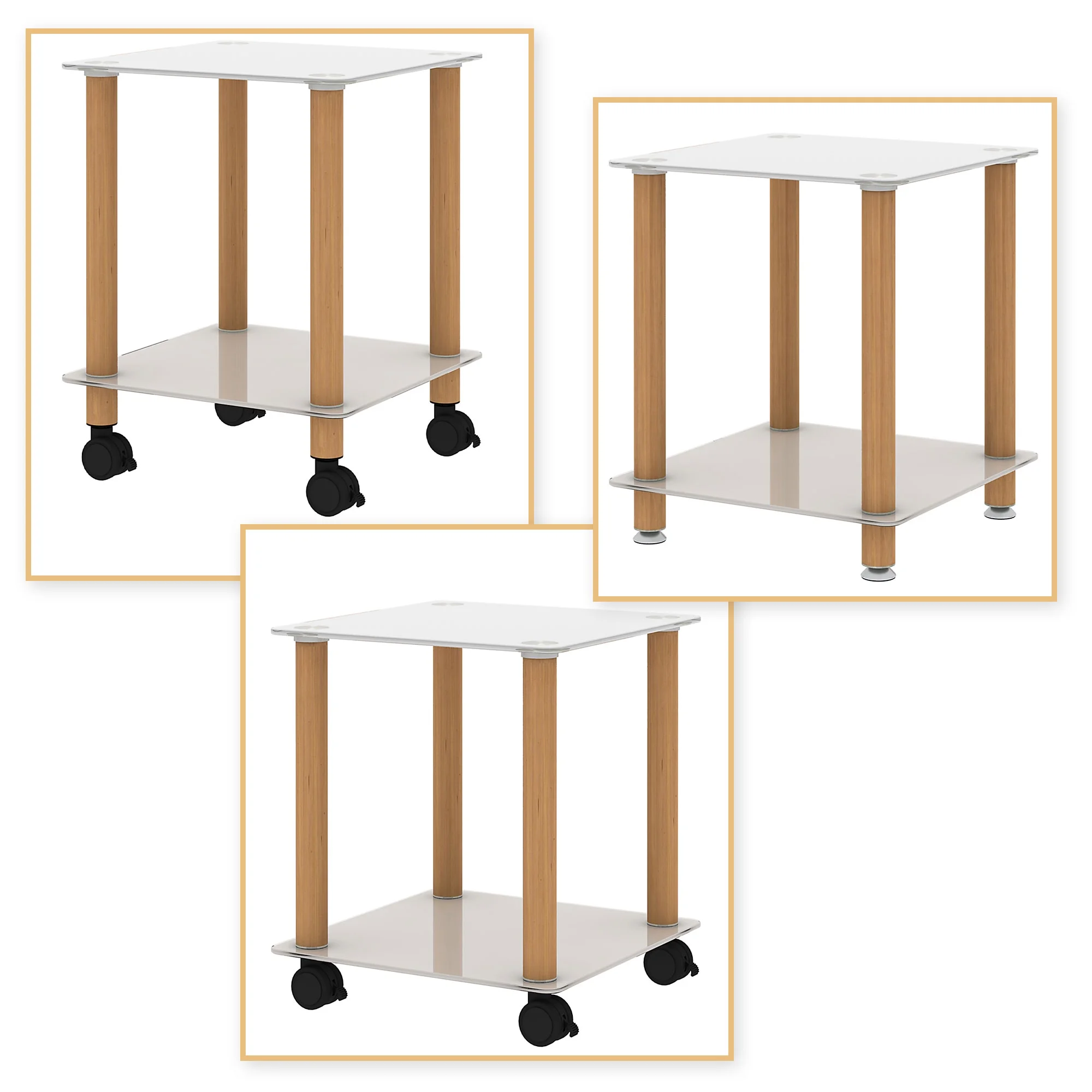 Modern Simple Style 2-Tier Square Side Table Set of 2 with Glass Shelves and Wheels for Living Room and Bedroom, White Oak