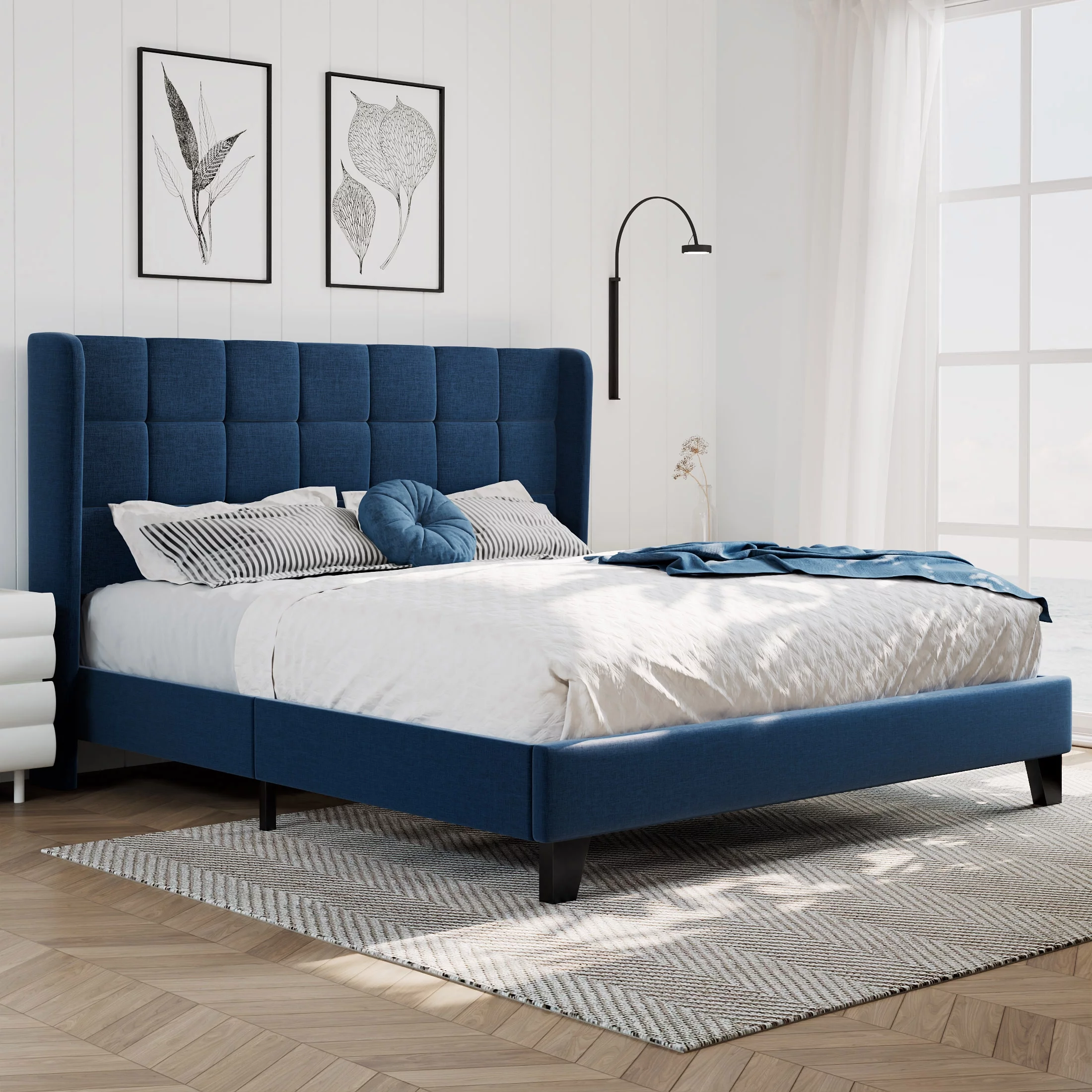 Amolife Queen Size Platform Bed Frame with Wingback Headboard, Square Stitched Style, Dark Blue