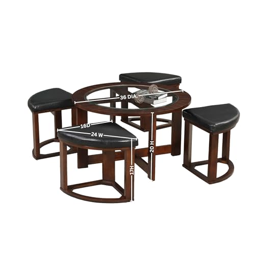 Roundhill Furniture Cylina Solid Wood Glass Top Round Coffee Table with 4 Stools, Espresso