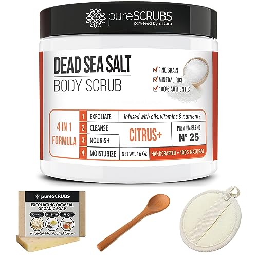 pureSCRUBS Premium Eucalyptus Body Scrub Set - Large 16oz Dead Sea Salt Body Scrub With Infused Essential Oils & Nutrients, Includes Wooden Spoon, Loofah & Oatmeal Exfoliating Bar Soap