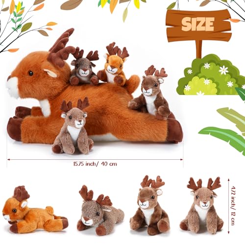 Poen Plush Deer Stuffed Animal Set 16 Inch Cuddly Mommy Deer Plush with 4 Cute Little Plushes in Her Zippered Tummy for Kids Birthday Baby Shower Decor Gift Woodland Party Favors(Lying)