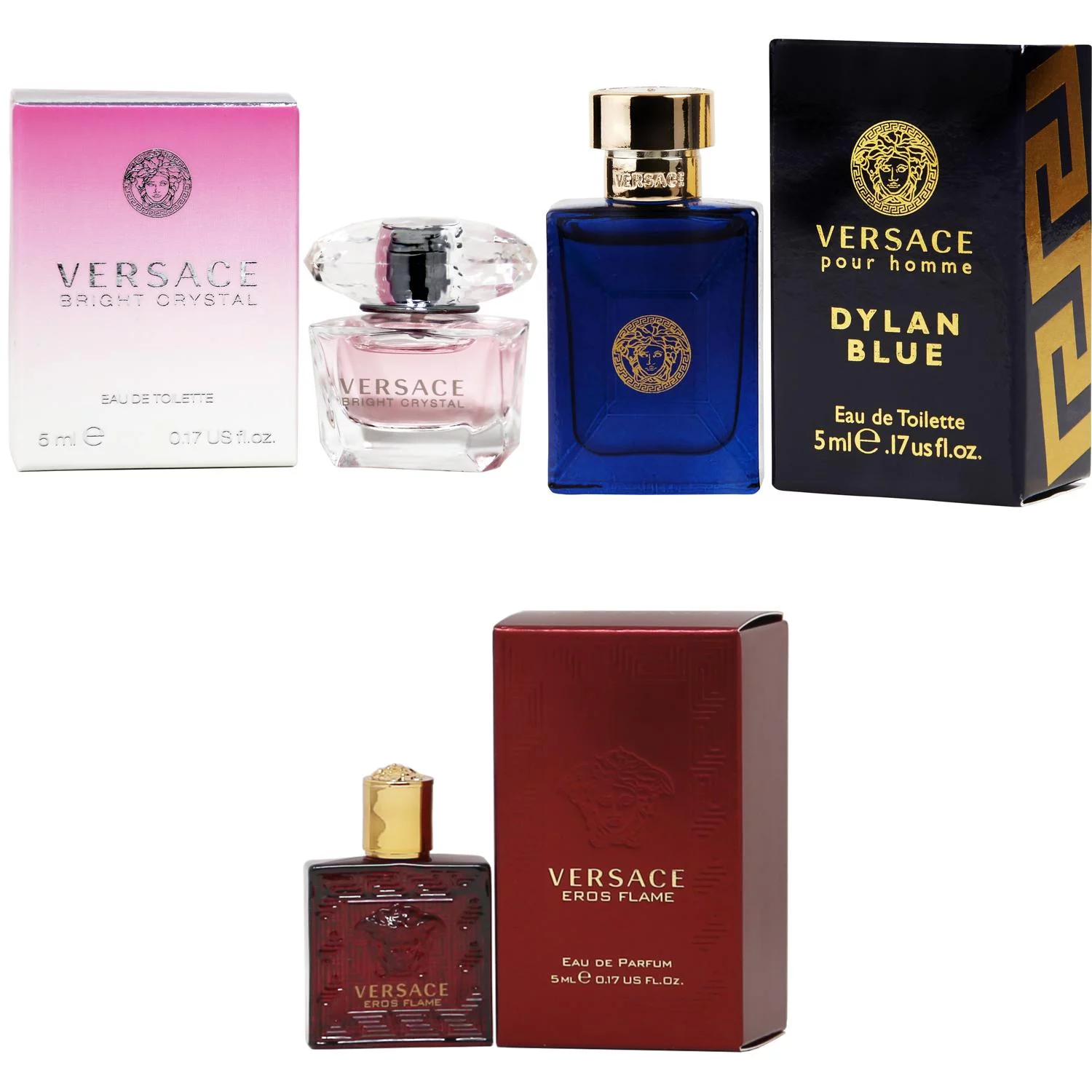 Versace Bright Crystal EDT, Dylan Blue EDT, Eros Flame EDP  - 5ml 3PK Kit