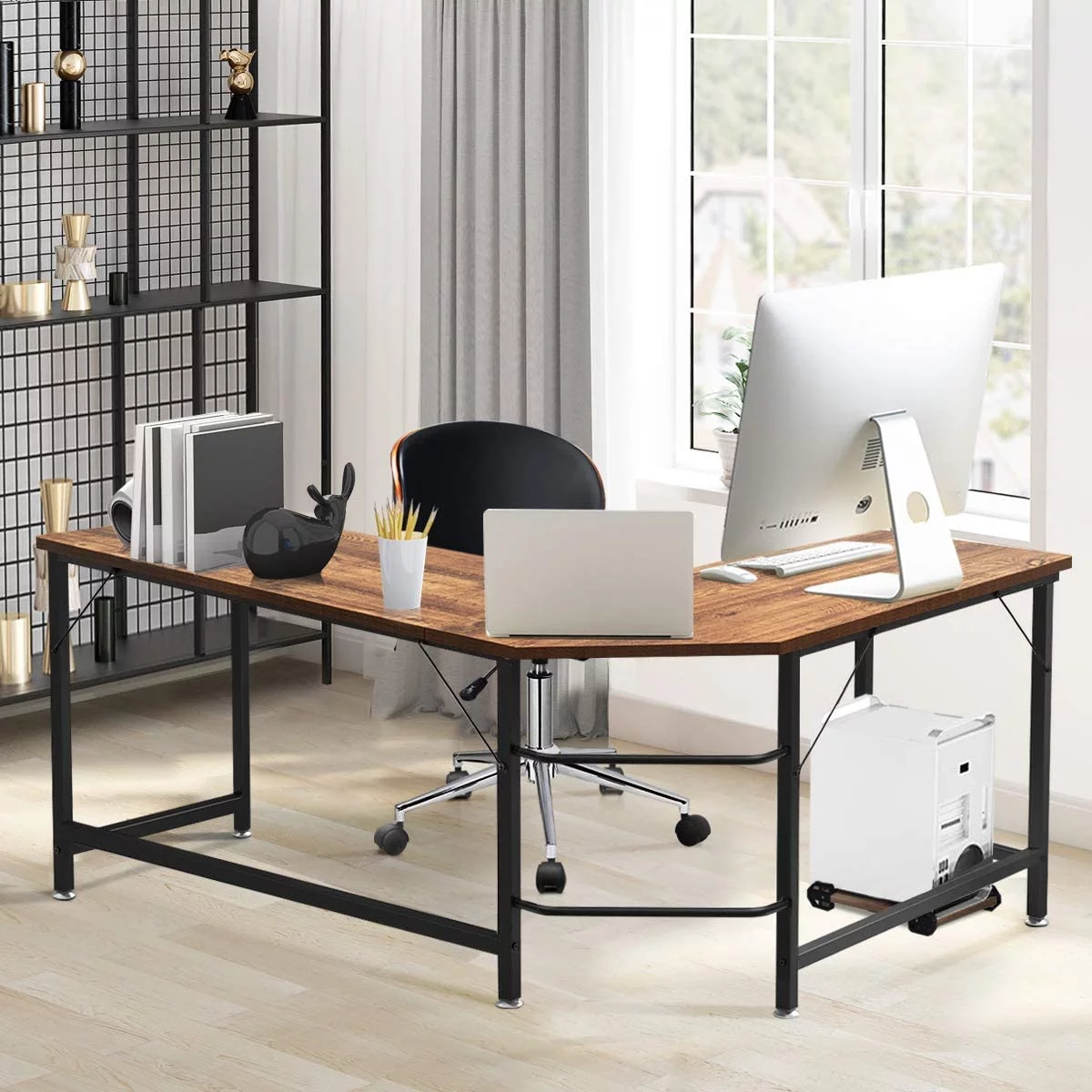 L-Shaped Desk, 66 Inch Home Office Computer Desk PC Laptop Study Table with CPU Stand & Spacious Surface, Computer Workstation with Adjustable Foot Pads (Coffee)