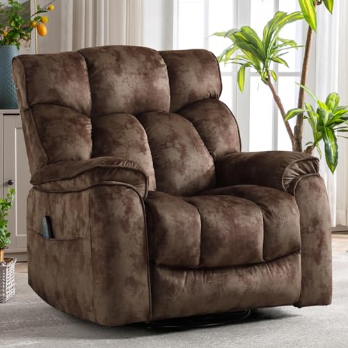 INZOY Massage Swivel Rocker Recliner with Heat and Vibration, Manual Rocking Recliner Chair with Vibrating Massage, Comfy Padded Overstuffed Soft Fabric Heated Recliner, Brown