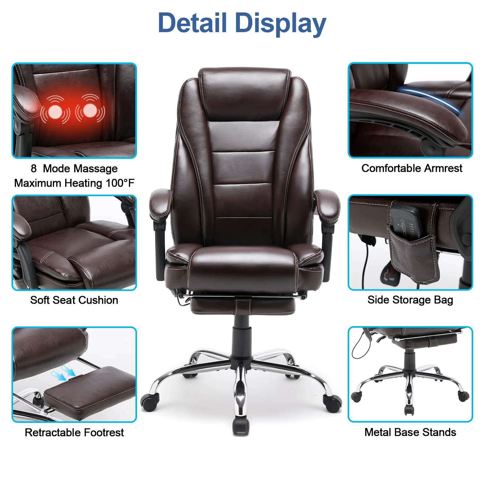 Homrest Executive Massage Office Chair, Ergonomic High Back Cushion, PU Leather Computer Desk Chair with Footrest, Padded Armrest, Adjustable Height, Brown