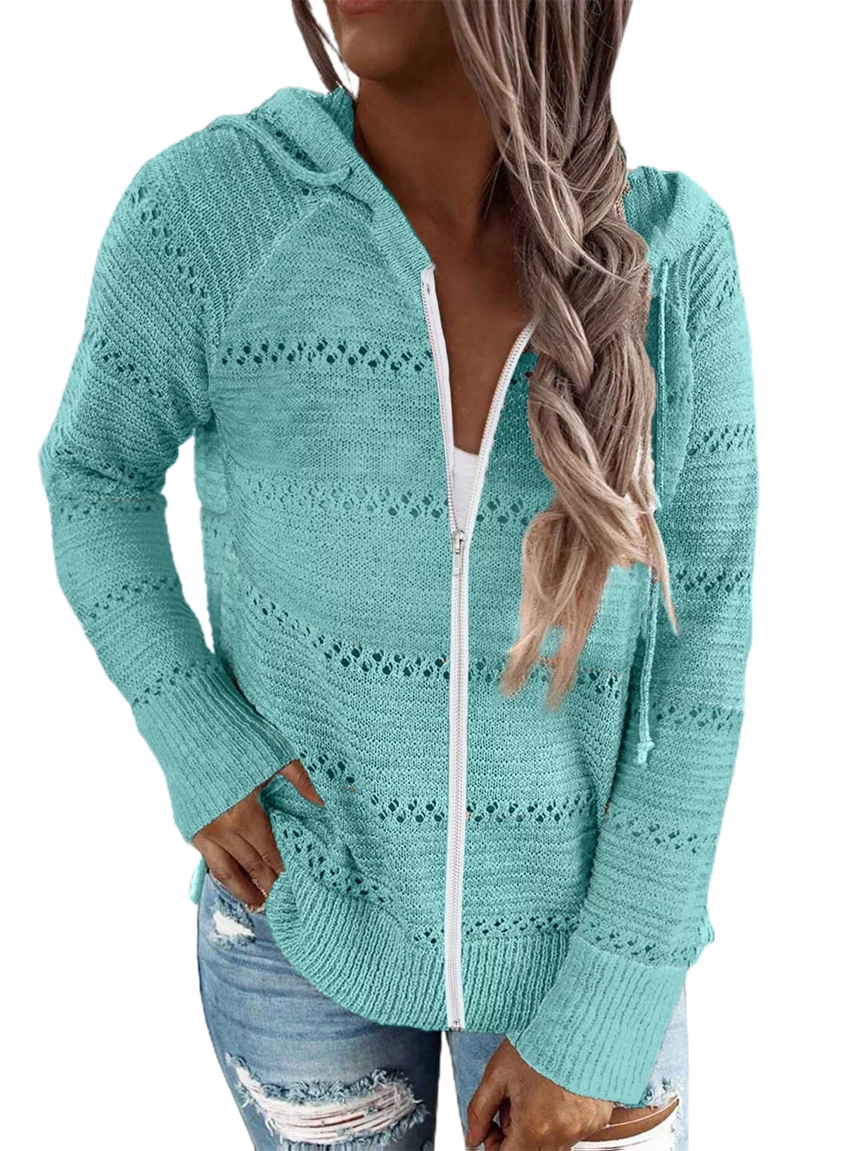 Asvivid Women's Long Sleeve Hoodies Sweatshirt Zip Up Color Block Knit Sweater Casual Drawstring Hooded Jacket S-2XL