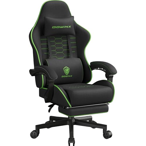 Dowinx Gaming Chair Fabric with Pocket Spring Cushion, Massage Game Chair Cloth with Headrest, Ergonomic Computer Chair with Footrest 290LBS, Black Green