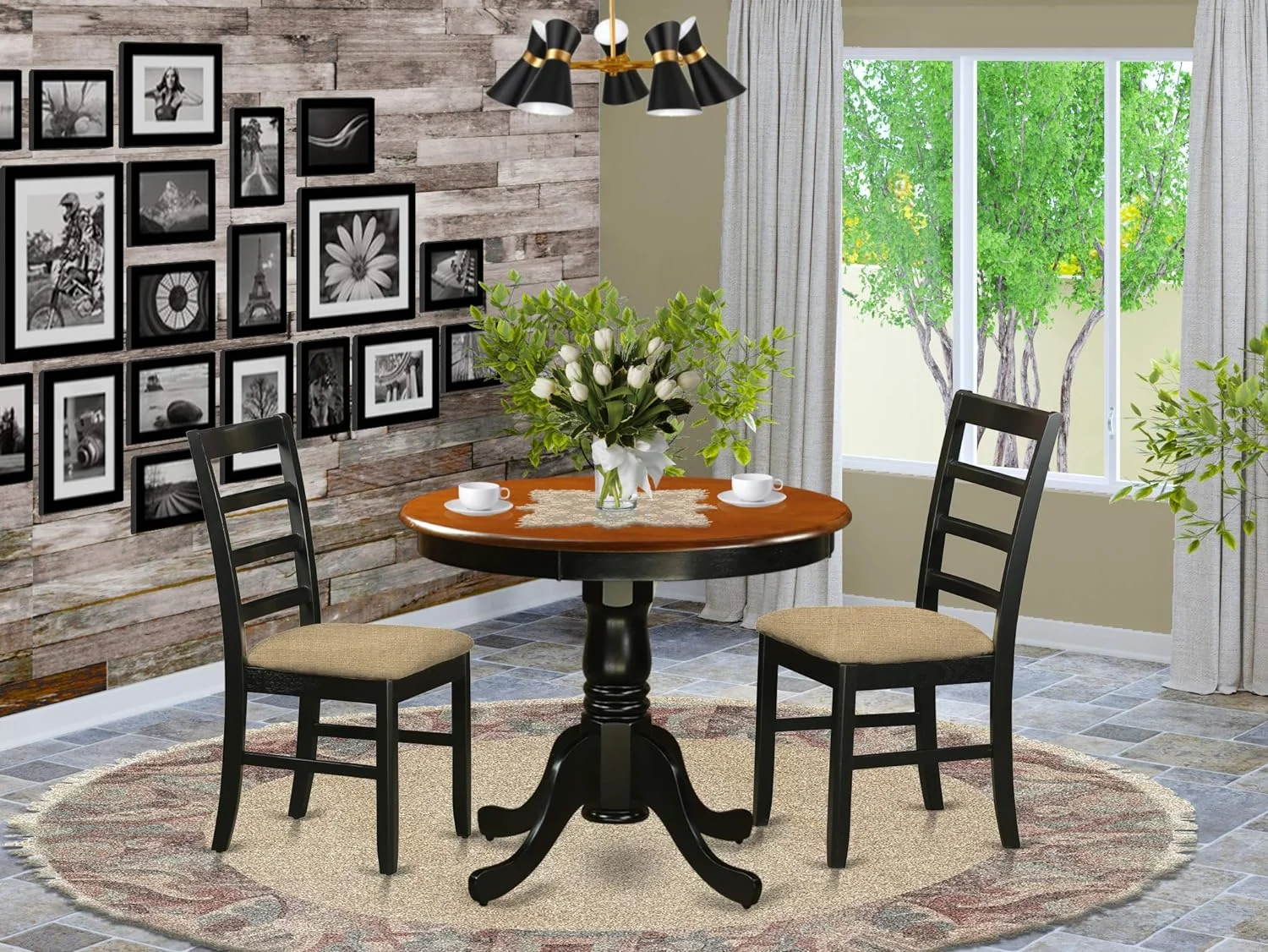 3 Piece Kitchen Set Contains A Round Dining Room Table With Pedestal And 2 Linen Fabric Upholstered Chairs, 36X36 Inch