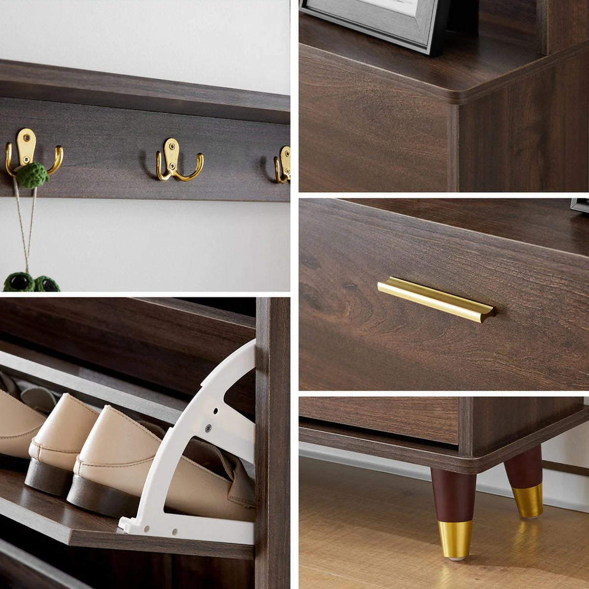 SYTHERS Hall Tree, Entryway Armoire Closet Coat Rack Freestanding with 12 Hooks & 3 Shoe Cabinets, Brown