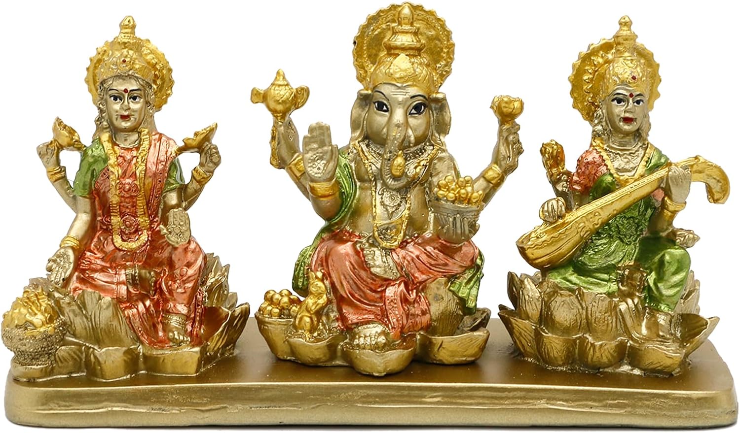 Hindu Lakshmi Ganesha Saraswati Statue - Laxmi Ganesh Idol for Car Dashboard Decor Home Temple Mandir Pooja Item Indian Puja Item Diwali Gift Meditation Yoga Altar Decoration