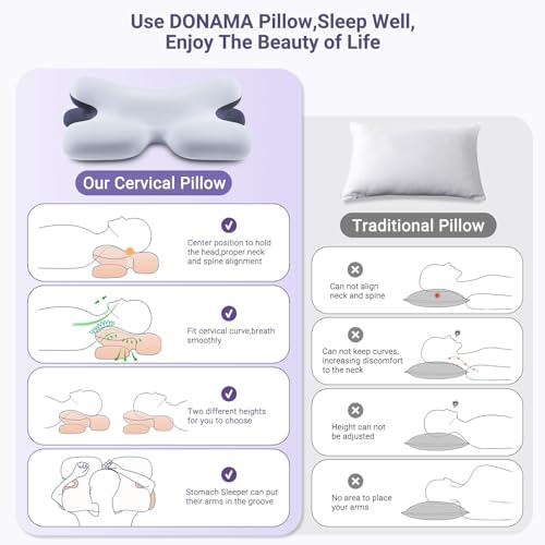 DONAMA Cervical Neck Pillow,Ergonomic Contour Orthopedic Pillow for Neck and Shoulder Pain Relief with Soft Cooling Pillowcase,Memory Foam Support Sleeping Pillow for Side,Back,Stomach Sleeper