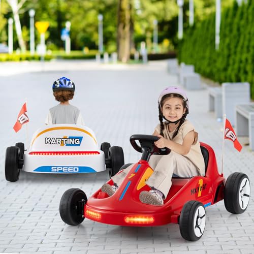 Costzon Kids Electric Go Kart, 12V 7AH Battery Powered Ride on Race Toy Car with Remote Control, LED Lights, Music, Story, Wireless Connection & Flags, Electric Kart for Aged 3+, Gift (Red)